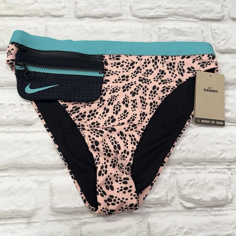 Nike Women's Party Dots High Waist Bikini Bottoms Size Large Pink Black